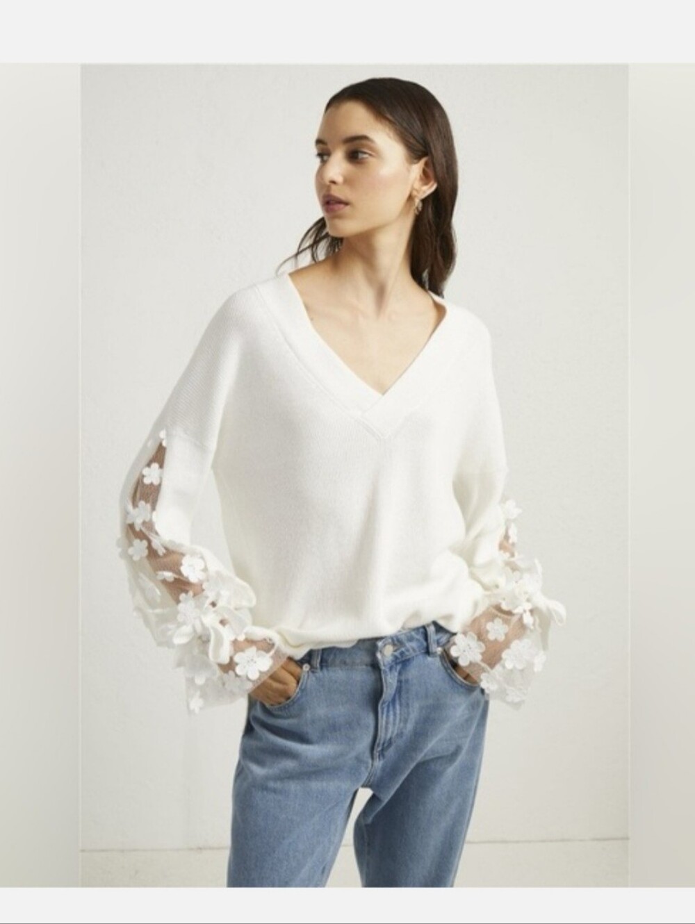 French Connection White V-Neck Sweater with Floral Tie Sleeves